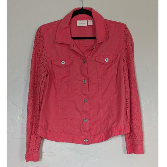 Chicos Jacket Womens‎ Medium Linen Cotton Lace Sleeve Pink Button Down Boho Chic - Picture 1 of 8